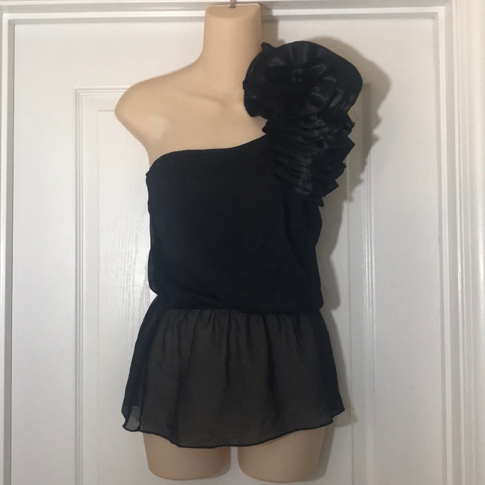 Hello Miss Black One Shoulder Flower Accent Top